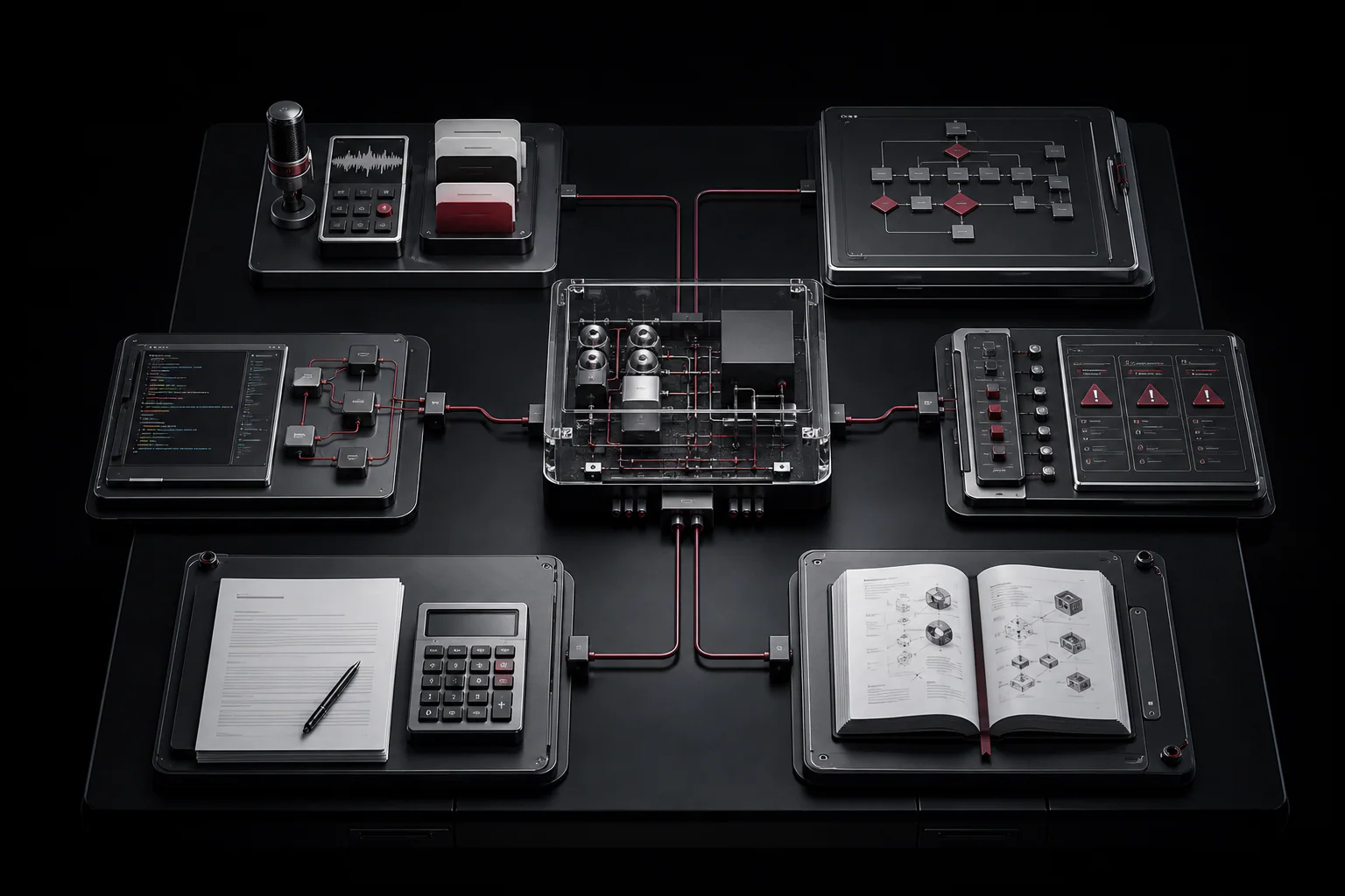 Six practical operator skill stations connected around one working business system