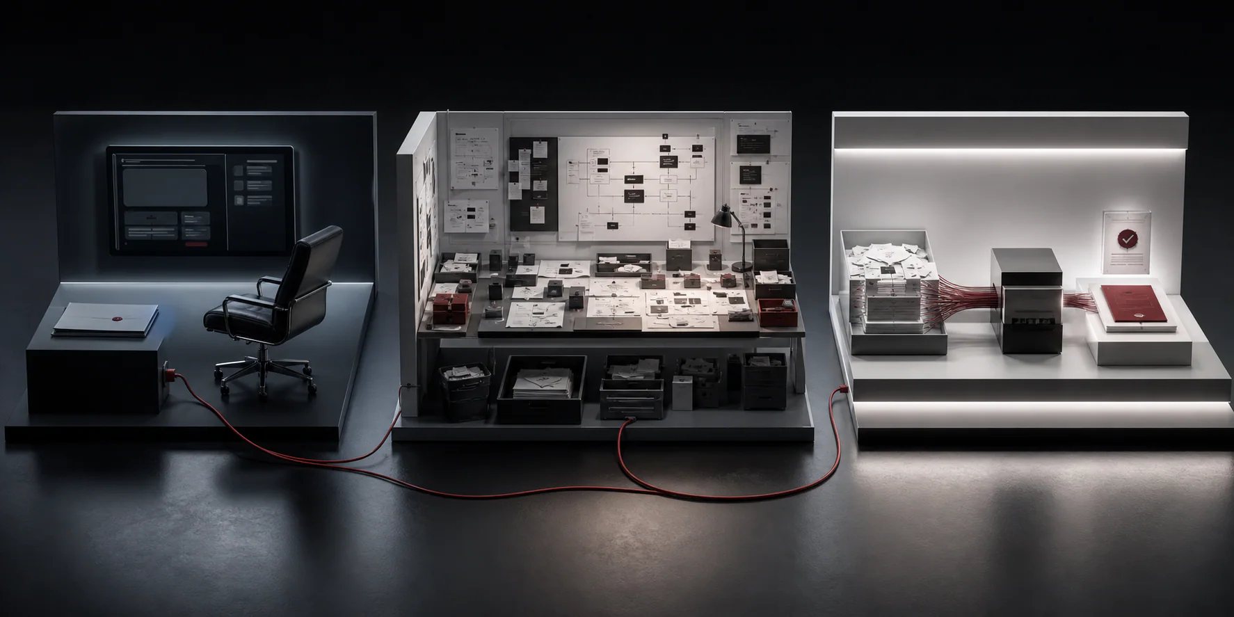 Three connected workspaces showing an unused AI product, a learning workbench, and a focused system delivering a business result