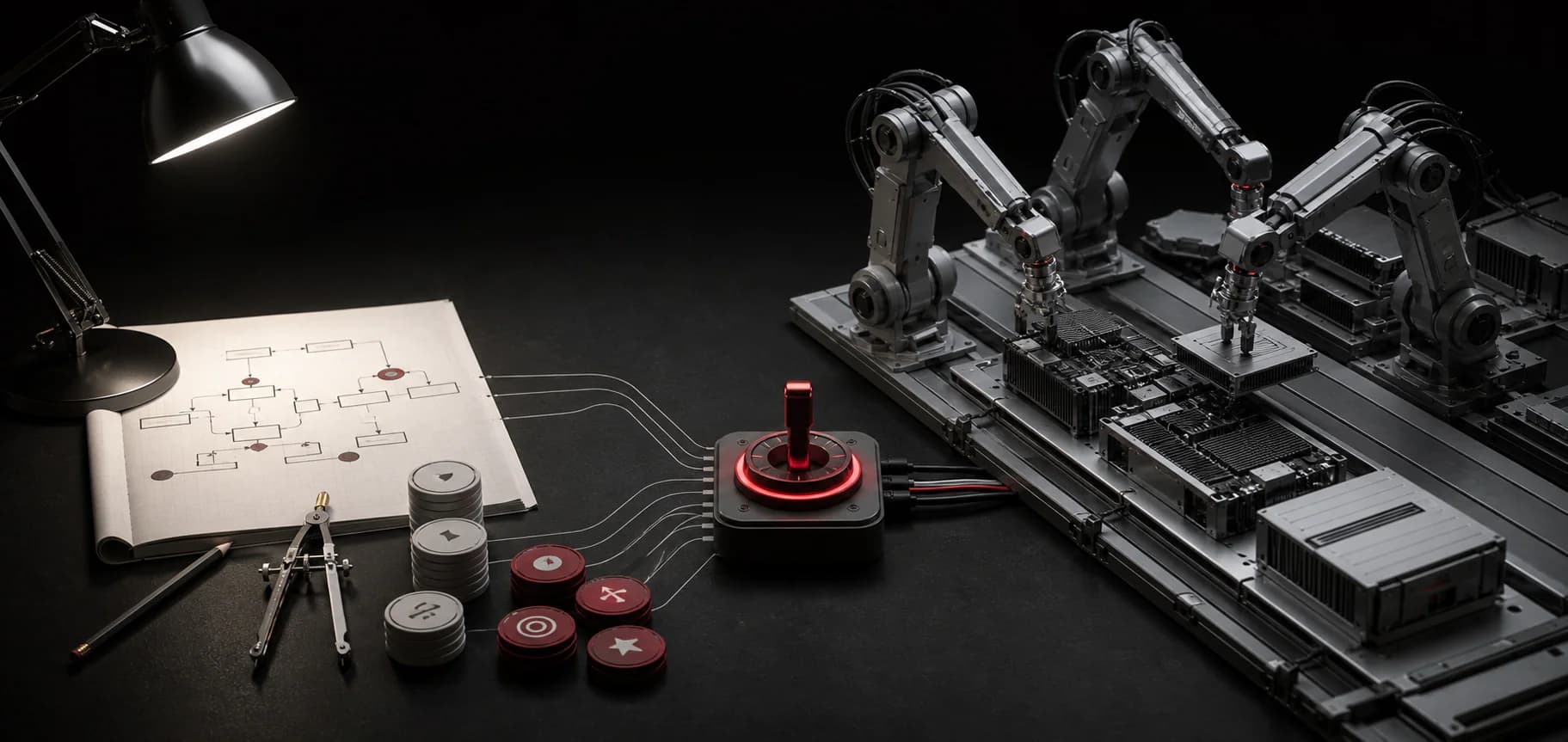 A paper workflow plan and human-controlled selector directing machines that assemble a working system