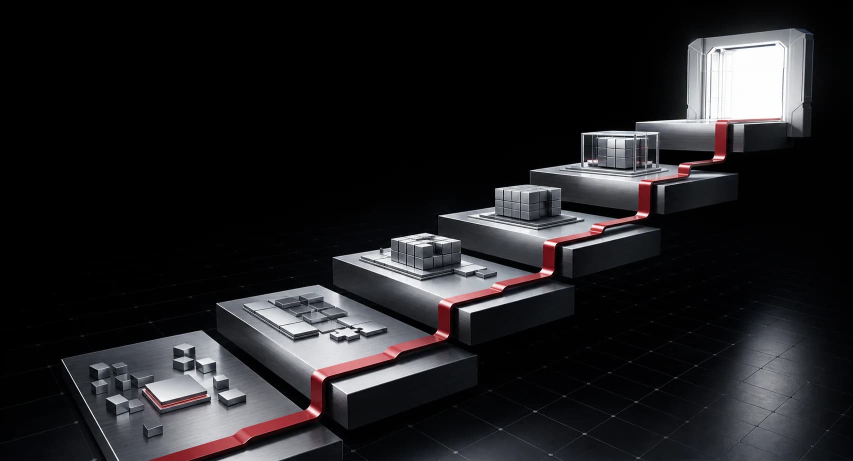 Six connected building platforms rising from basic AI learning to a completed client-ready system