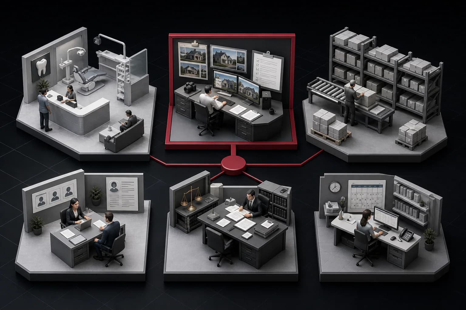 Six different business workflows with a property inspection process selected as the focused AI agency niche
